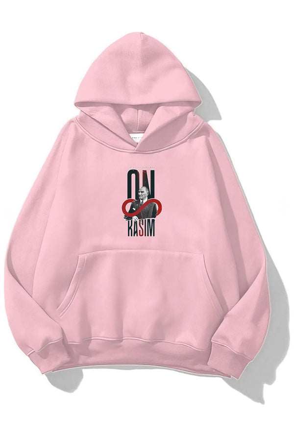 Kapüşonlu İçi Polar Kemal Atatürk 10 Kasım Baskılı Pembe Unisex Hoodie Sweatshirt