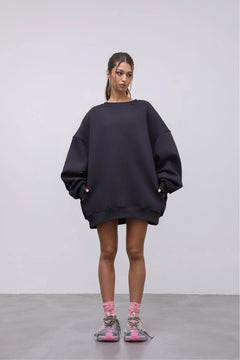 Kadın Oversize Sweatshirt Elbise Basic Füme – Bisiklet Yaka, 3 İplik Şardonlu Polar