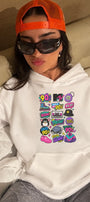 Kadın Oversize Hoodie Sweatshirt 90s Pop Patch Baskılı Beyaz – Kapüşonlu, Kanguru Cepli, 3 İplik