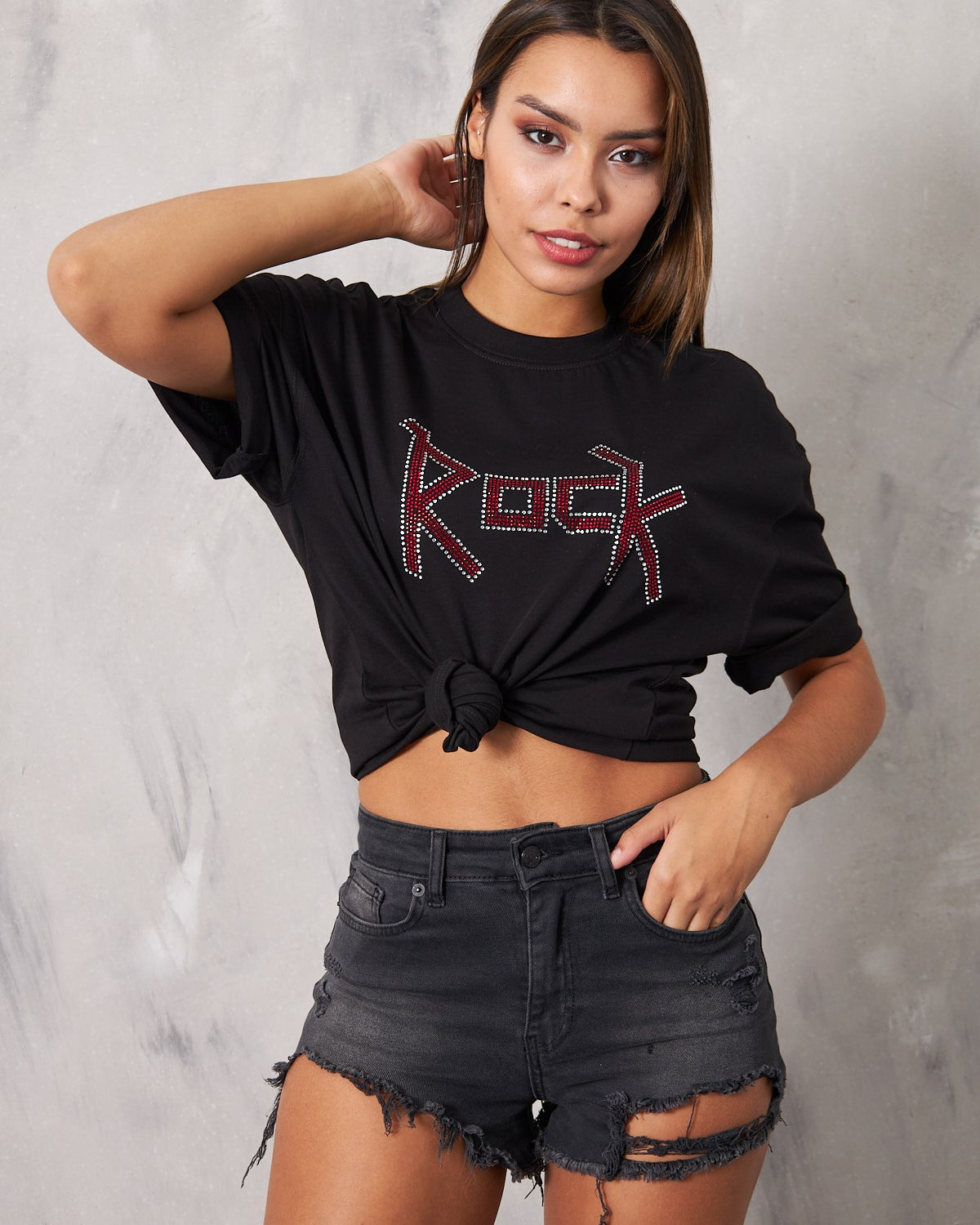 Rock Yazılı Kırmızı Taş Baskılı Siyah Kadın T-Shirt
