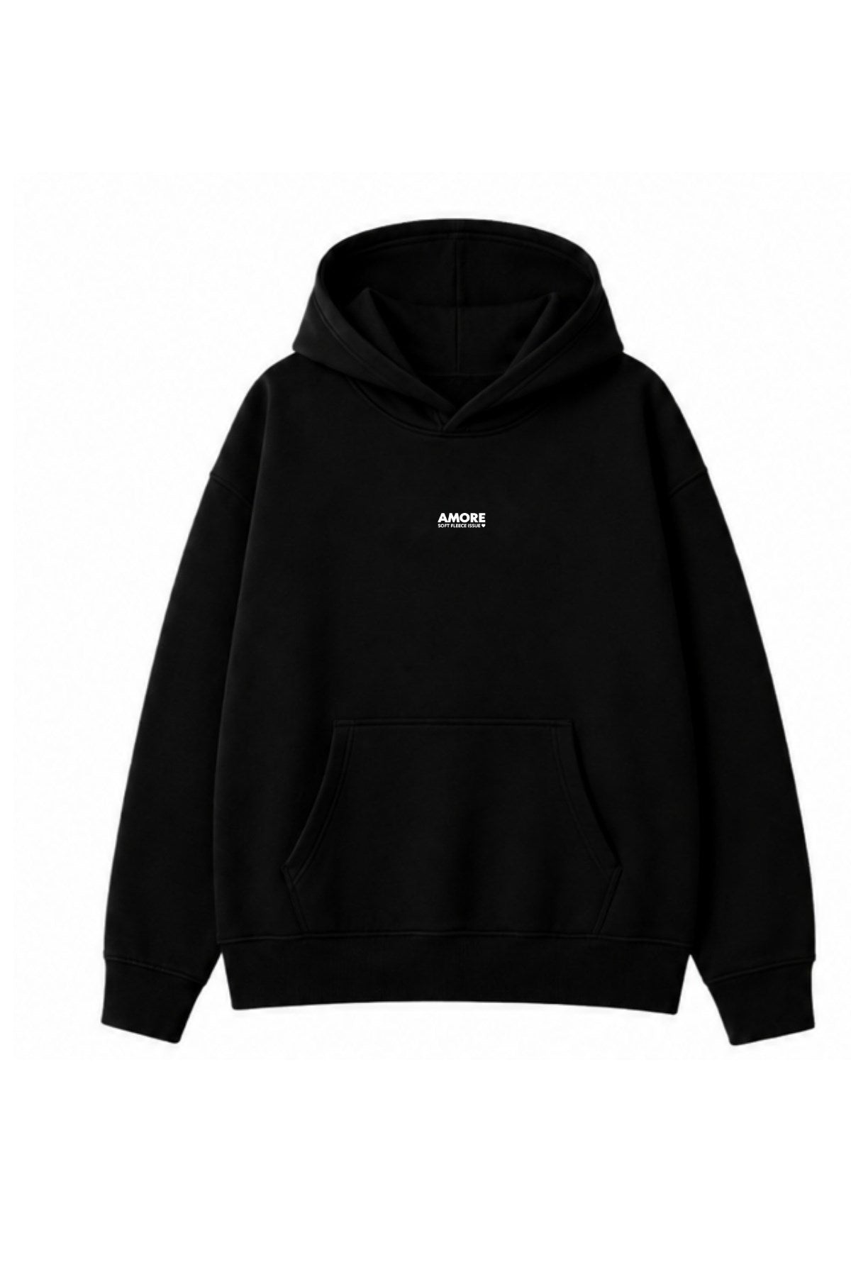 Kadın Oversize Hoodie Amore Baskılı Siyah – Kapüşonlu, Kanguru Cepli, 3 İplik Şardonlu Polar