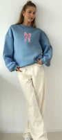 Kadın Oversize Sweatshirt Pembe Kurdele Baskılı Marine – Bisiklet Yaka, 3 İplik Şardonlu Polar