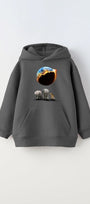 Füme Kapüşonlu İçi Polar Burning World And Animals Baskılı Unisex Çocuk Sweatshirt