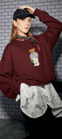 Kadın Oversize Sweatshirt City Club Bear Baskılı Bordo – Bisiklet Yaka, 3 İplik Şardonlu Polar