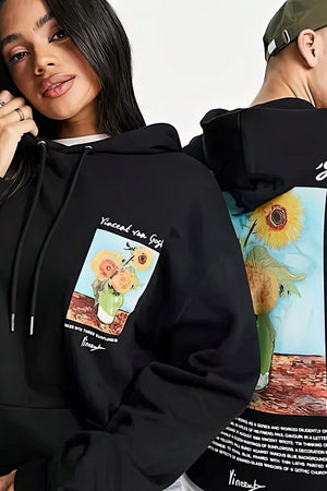 Kapüşonlu İçi Polar Vincent Van Gogh Baskılı Füme Unisex Hoodie Sweatshirt