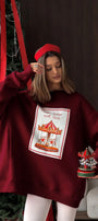 Kadın Oversize Sweatshirt Elbise Carousel Love Baskılı Bordo – Bisiklet Yaka, 3 İplik Şardonlu Polar