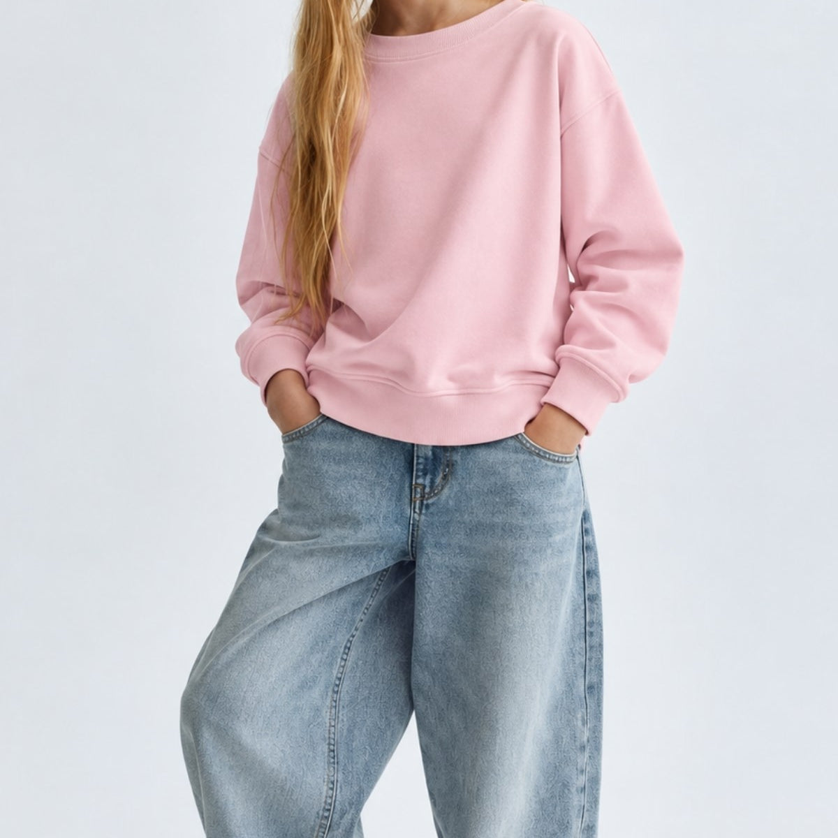 Kız Çocuk Oversize Sweatshirt Basic Pembe – Bisiklet yaka, 3 iplik şardonlu polar