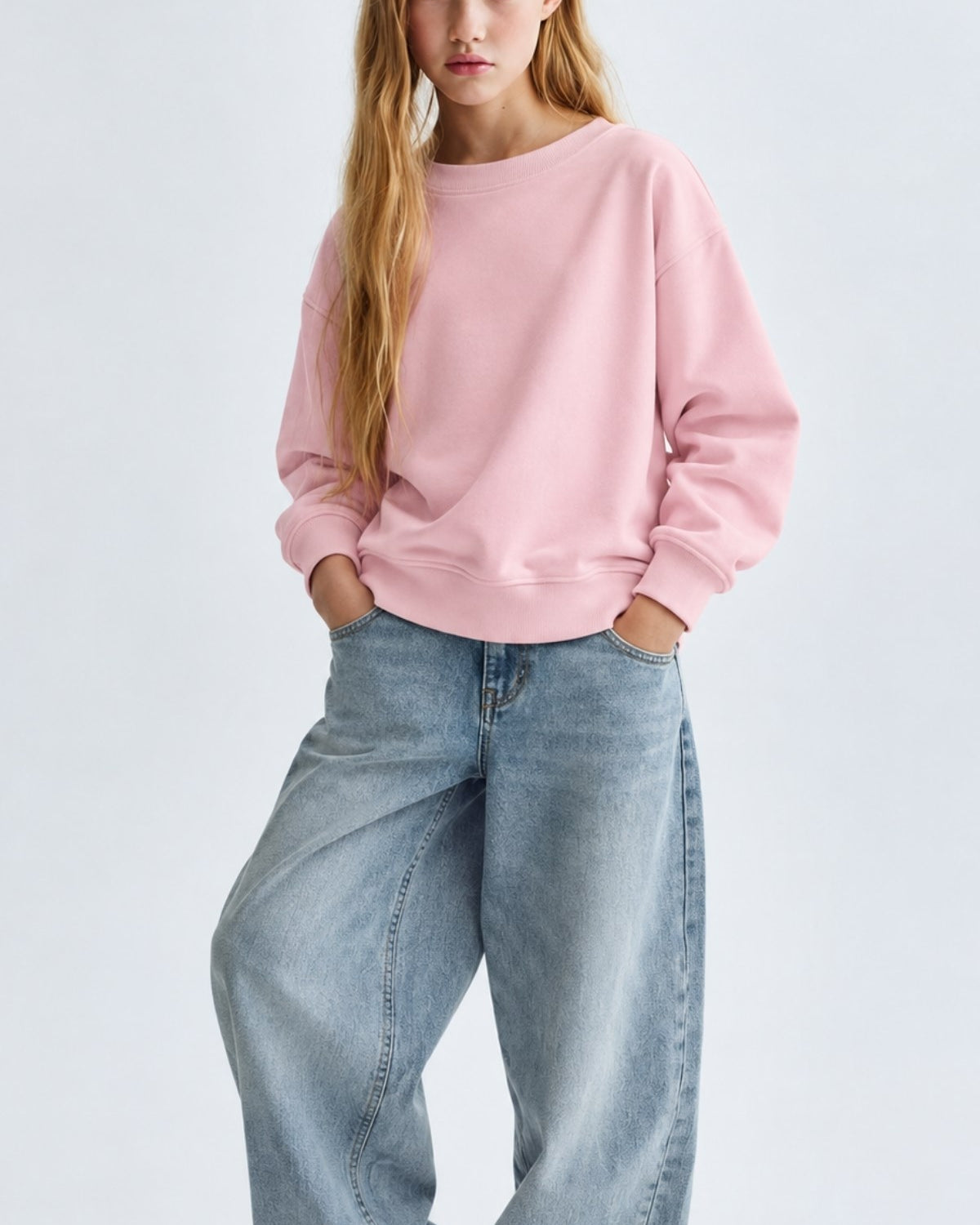 Kız Çocuk Oversize Sweatshirt Basic Pembe – Bisiklet yaka, 3 iplik şardonlu polar