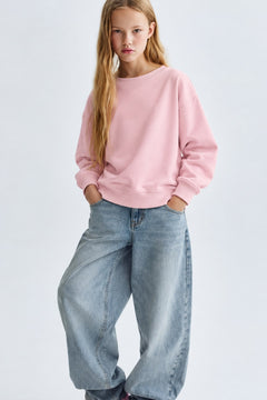 Kız Çocuk Oversize Sweatshirt Basic Pembe – Bisiklet yaka, 3 iplik şardonlu polar