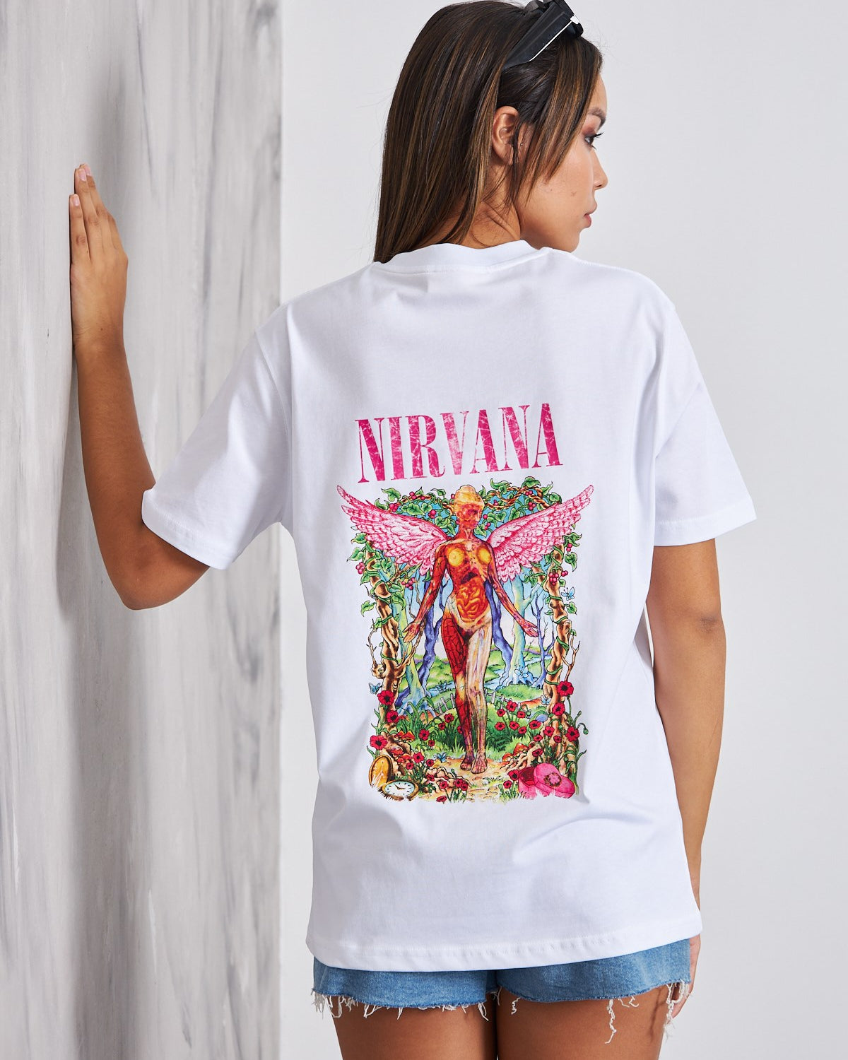 Nirvana Yazılı Melek Tasarım Baskılı Beyaz Kadın T-Shirt 