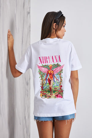 Nirvana Yazılı Melek Tasarım Baskılı Beyaz Kadın T-Shirt 