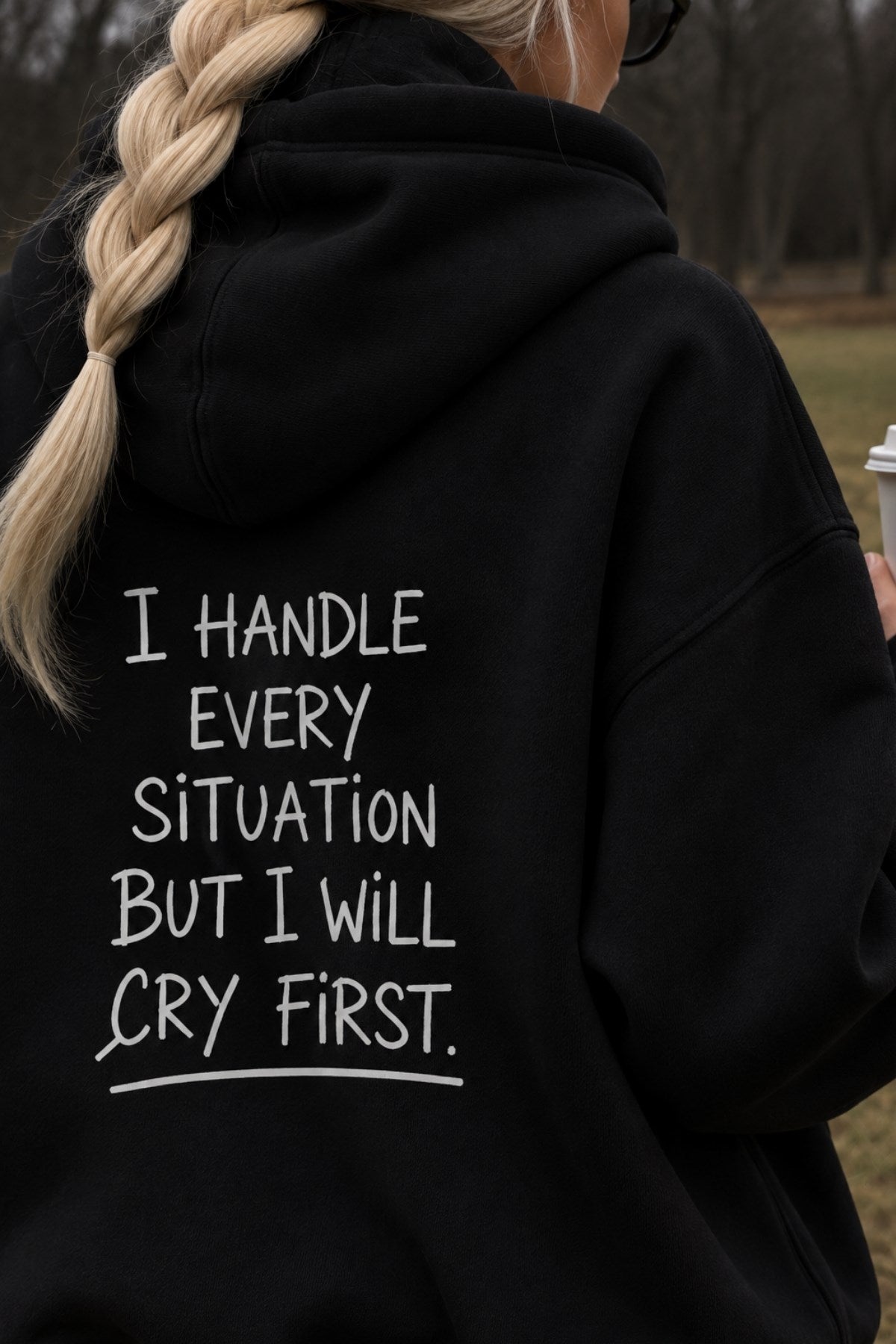Kadın Oversize Hoodie Cry First Baskılı Siyah – Kapüşonlu, Kanguru Cepli, 3 İplik Şardonlu Polar