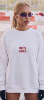 Kadın Oversize Sweatshirt 90’s Girl Baskılı Beyaz – Bisiklet Yaka, 3 İplik Şardonlu Polar