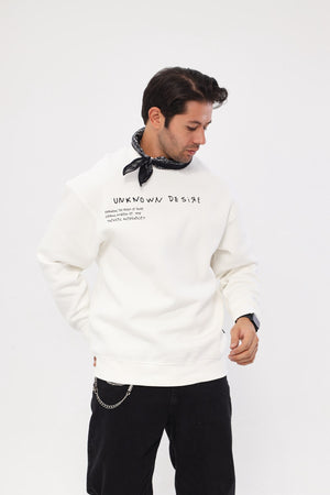 Bisiklet Yaka İçi Polar Unknown Desire Yazı Baskılı Beyaz Oversize Sweatshirt