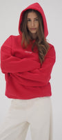 Kadın Oversize Sweatshirt Hoodie CHMP Yazlı Baskılı Kırmızı – Kapüşonlu, 3 İplik Polar, Kanguru Cepli