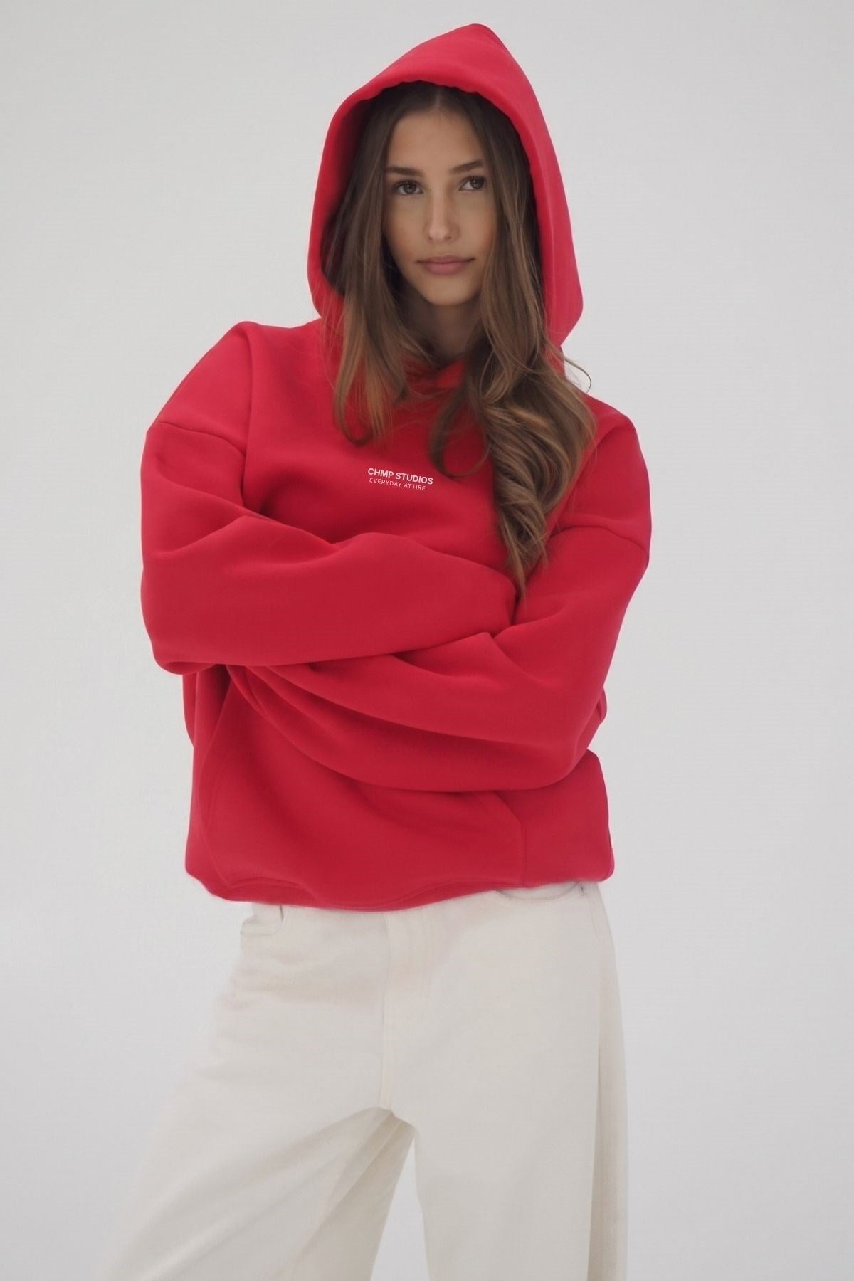 Kadın Oversize Sweatshirt Hoodie CHMP Yazlı Baskılı Kırmızı – Kapüşonlu, 3 İplik Polar, Kanguru Cepli