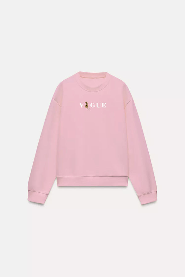 Vogue Yazı Baskılı Bisiklet Yaka İçi Polar Oversize Kesim Unisex Pembe Sweatshirt