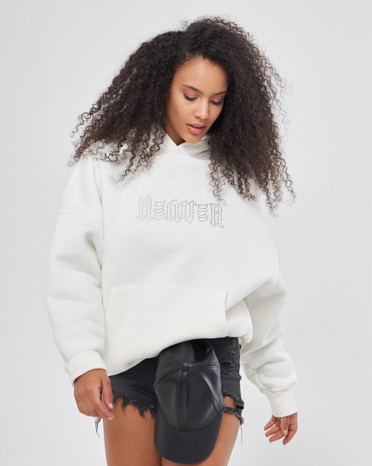 Heaven Yazılı Taş Baskılı Kapüşonlu İçi Polar Oversize Beyaz Sweatshirt