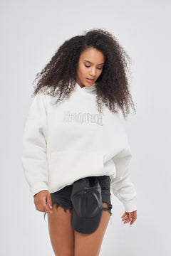 Heaven Yazılı Taş Baskılı Kapüşonlu İçi Polar Oversize Beyaz Sweatshirt