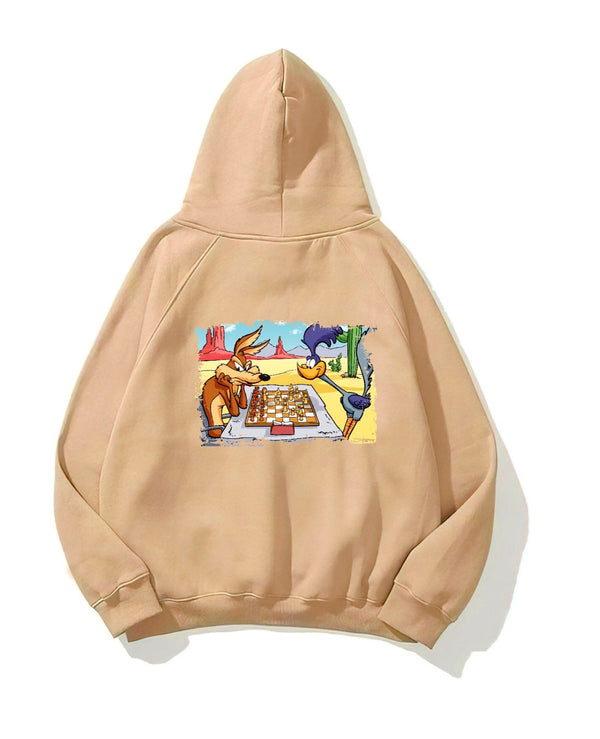 Kapüşonlu İçi Polar Satranç Cartoon Baskılı Bej Unisex Oversize Hoodie Sweatshirt