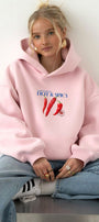 Kadın Oversize Sweatshirt Hoodie Hot & Spicy Baskılı Pembe – Kapüşonlu, 3 İplik Şardonlu Polar