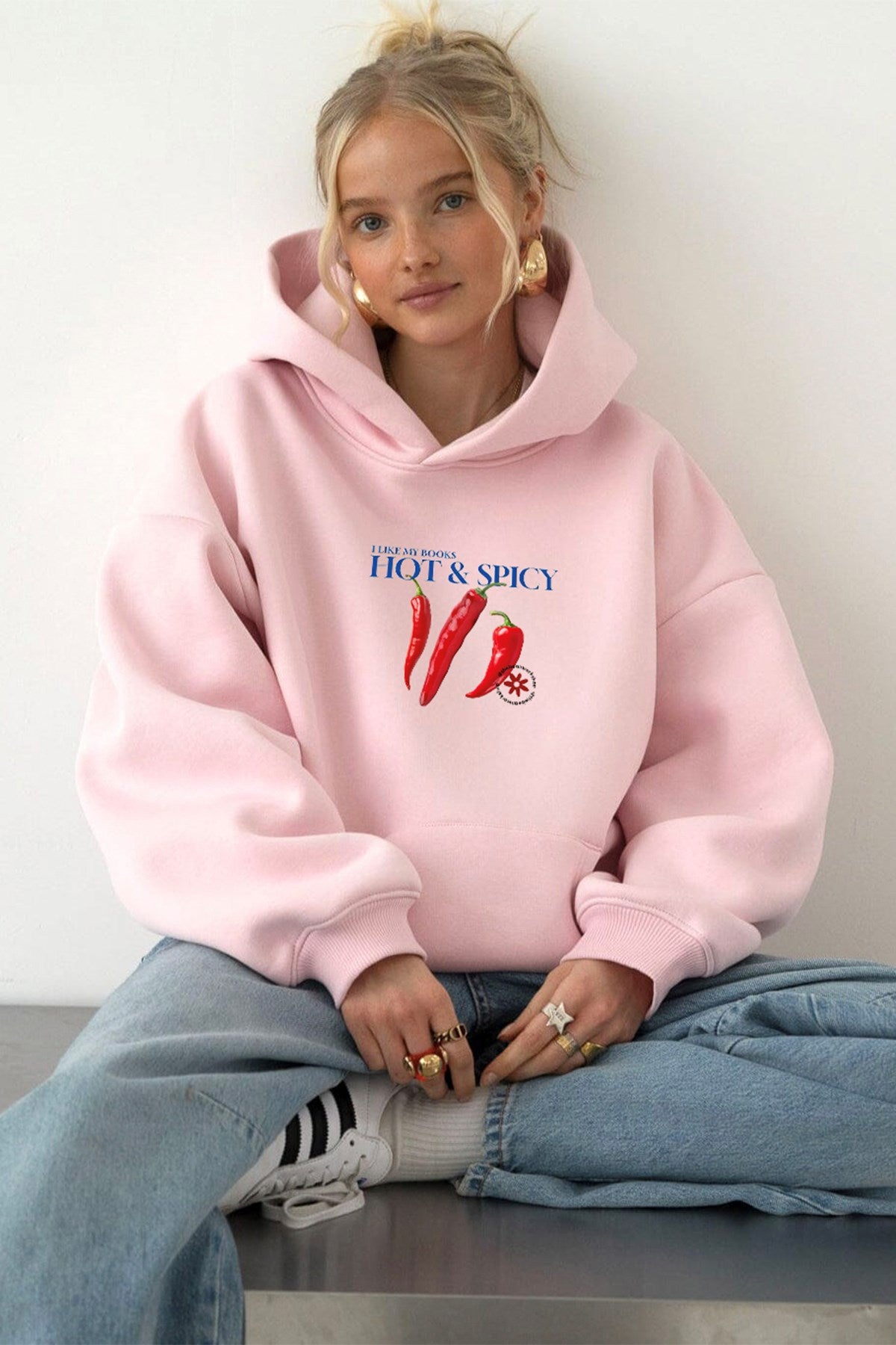 Kadın Oversize Sweatshirt Hoodie Hot & Spicy Baskılı Pembe – Kapüşonlu, 3 İplik Şardonlu Polar