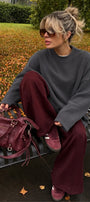 Kadın Relaxed Fit Sweatshirt Basic Füme – Bisiklet Yaka, 3 İplik Şardonsuz, Düşük Omuz, Geniş Kol