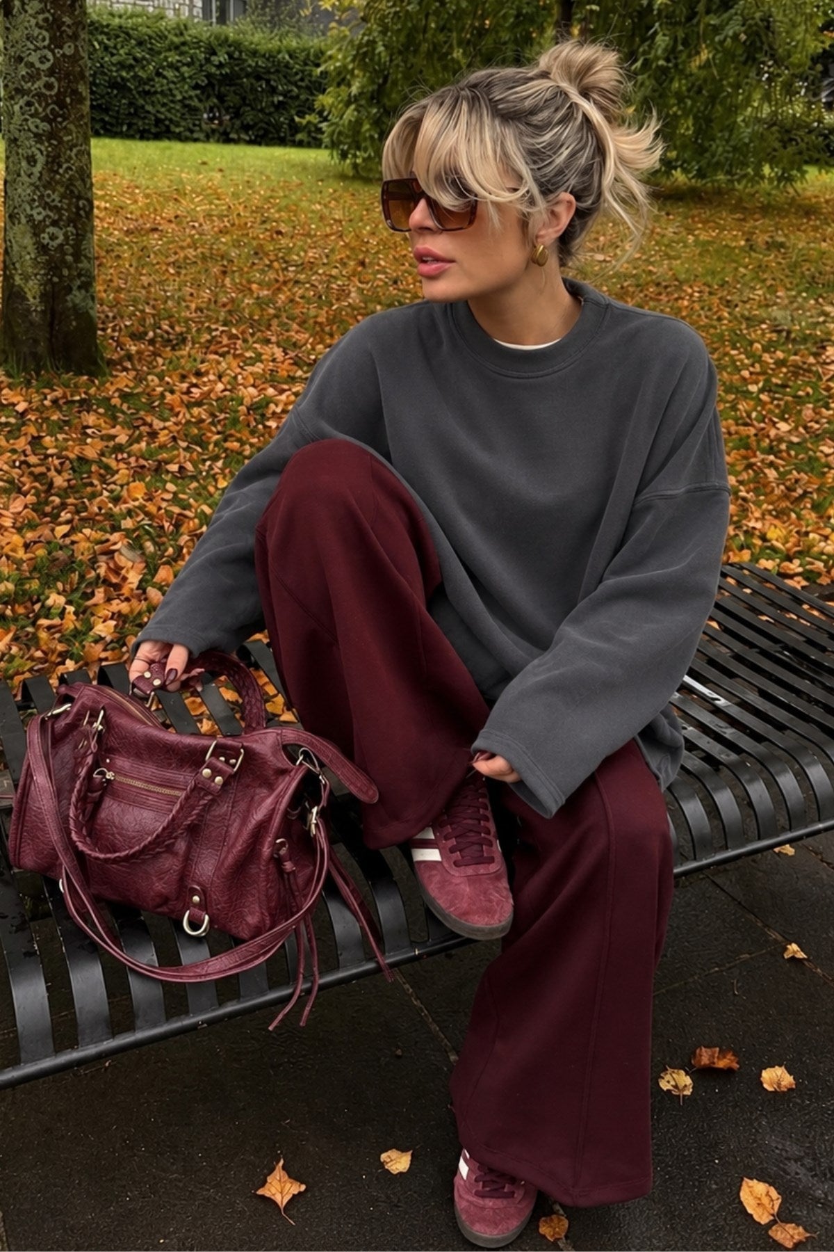 Kadın Relaxed Fit Sweatshirt Basic Füme – Bisiklet Yaka, 3 İplik Şardonsuz, Düşük Omuz, Geniş Kol