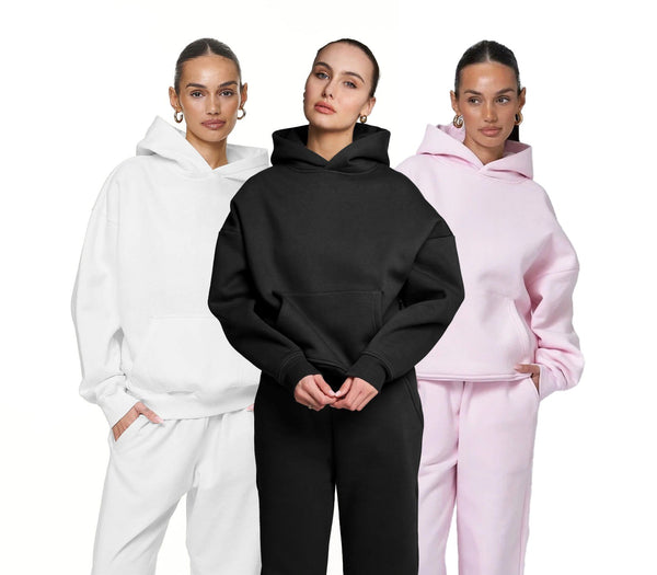 3'lü Paket Kapüşonlu İçi Polar Oversize Hoodie Sweatshirt/ Siyah-Beyaz-Pembe