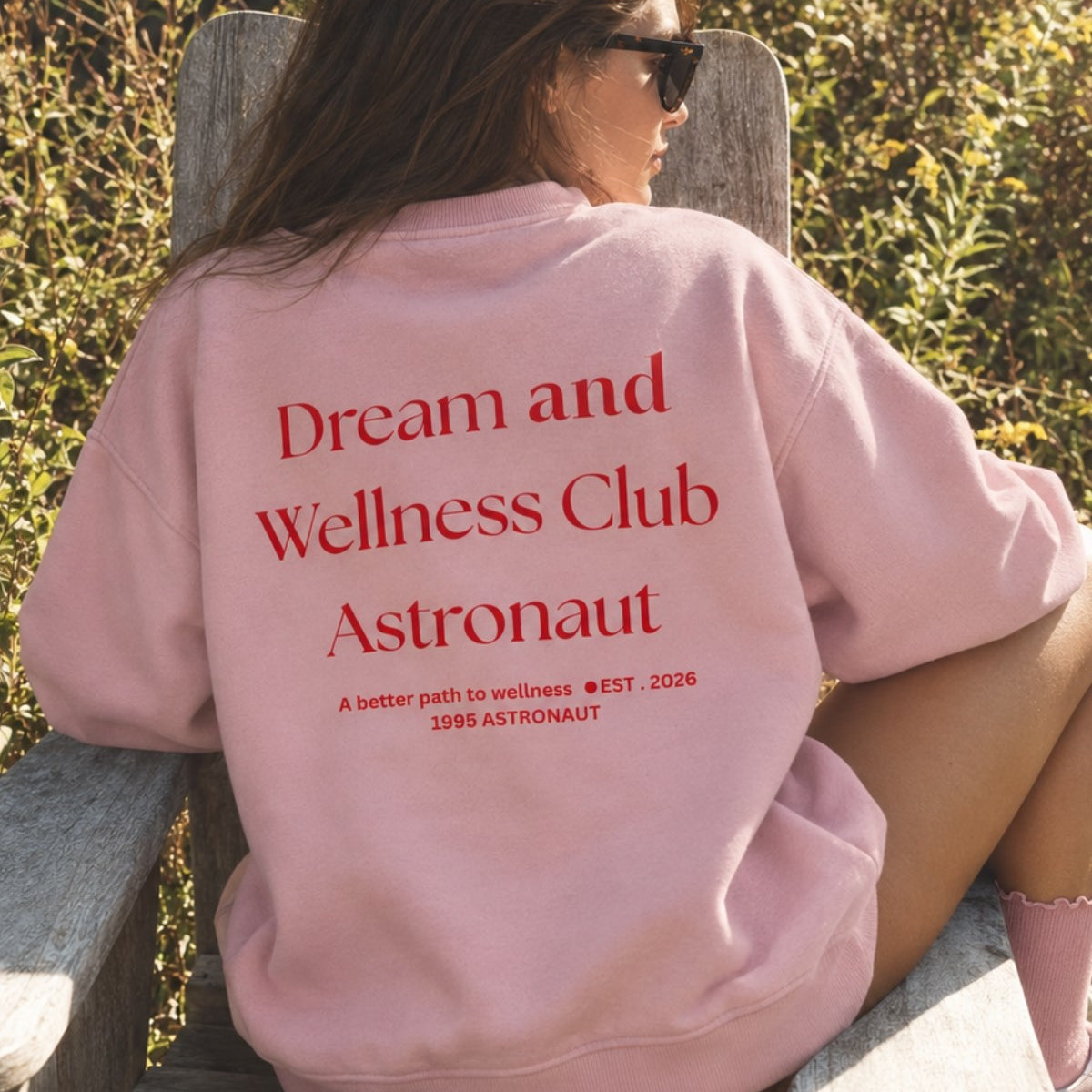 Kadın Oversize Sweatshirt Wellness Baskılı Pembe – Bisiklet Yaka, 3 İplik Şardonlu Polar, Düşük Omuz