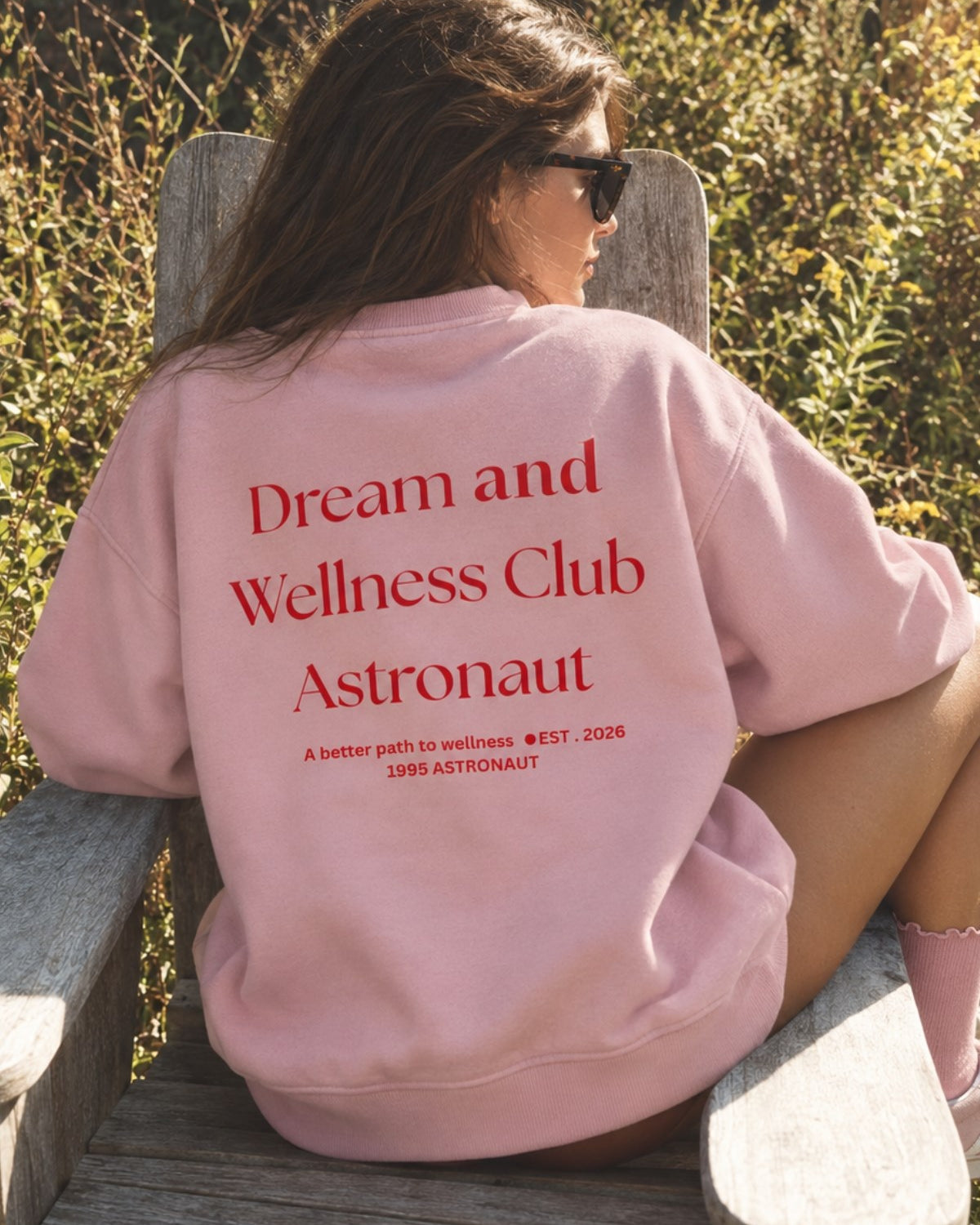 Kadın Oversize Sweatshirt Wellness Baskılı Pembe – Bisiklet Yaka, 3 İplik Şardonlu Polar, Düşük Omuz
