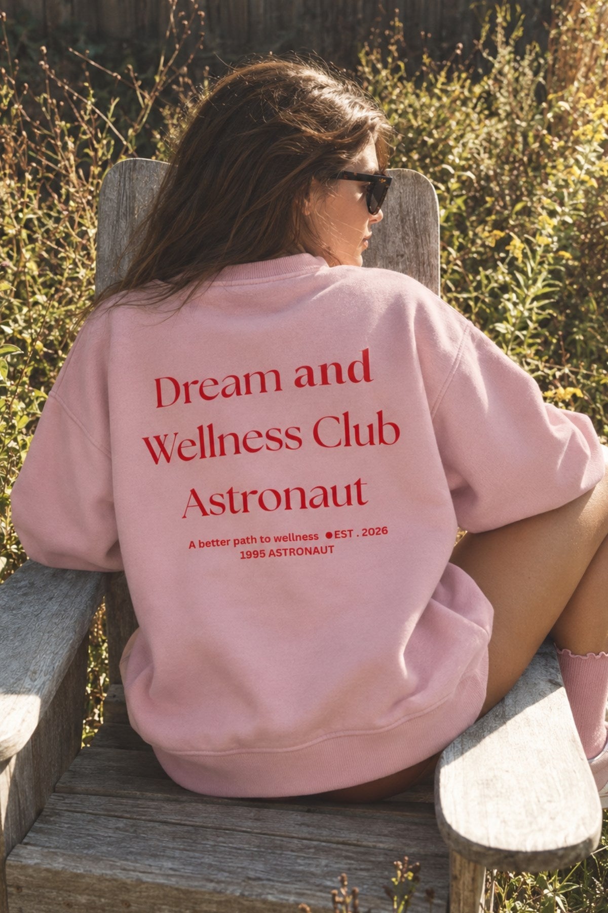 Kadın Oversize Sweatshirt Wellness Baskılı Pembe – Bisiklet Yaka, 3 İplik Şardonlu Polar, Düşük Omuz