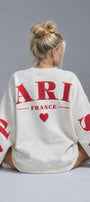 Kadın Oversize Sweatshirt Paris 3D Baskılı Beyaz – Bisiklet Yaka, Kol ve Sırt Baskılı, 3 İplik