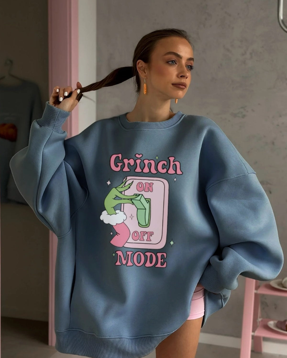 Kadın Oversize Sweatshirt Elbise Grinch Mode Baskılı Marine – Bisiklet Yaka, 3 İplik Şardonlu Polar