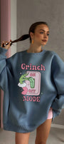 Kadın Oversize Sweatshirt Elbise Grinch Mode Baskılı Marine – Bisiklet Yaka, 3 İplik Şardonlu Polar