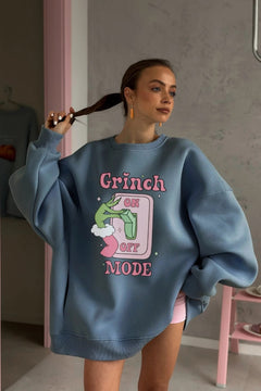 Kadın Oversize Sweatshirt Elbise Grinch Mode Baskılı Marine – Bisiklet Yaka, 3 İplik Şardonlu Polar