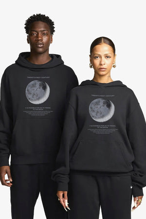 Kapüşonlu İçi Polar Moon Baskılı Siyah Unisex Hoodie Sweatshirt