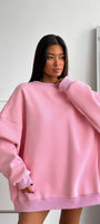 Kadın Oversize Sweatshirt Elbise Basic Pembe – Bisiklet Yaka, 3 İplik Şardonlu Polar