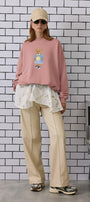 Kadın Oversize Sweatshirt Preppy Girl Bear Baskılı Pembe – Bisiklet Yaka, 3 İplik Şardonlu Polar