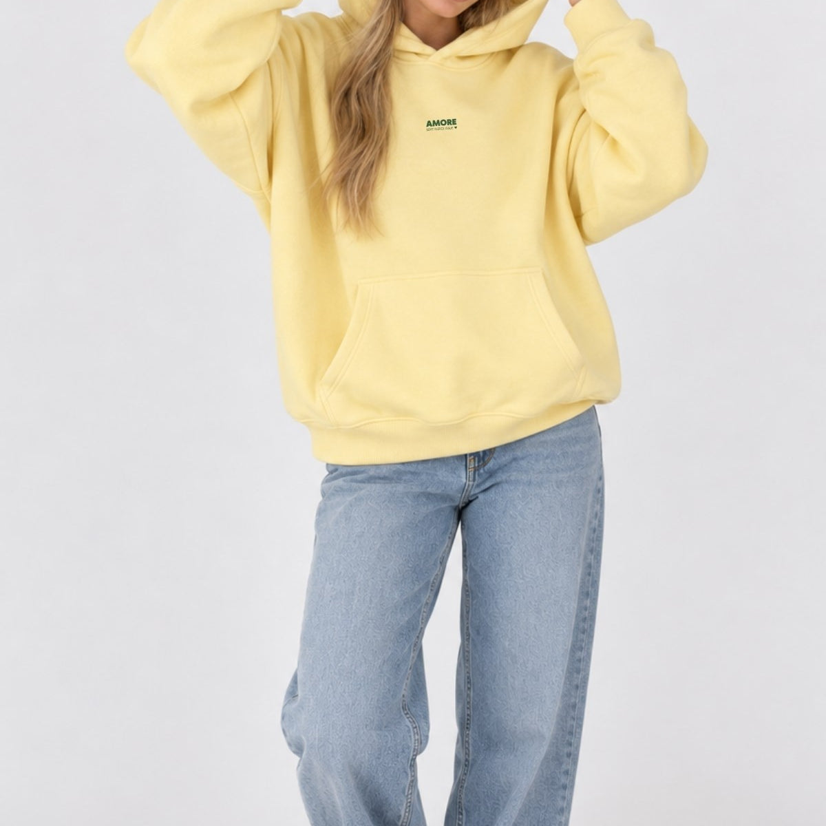 Kadın Oversize Hoodie Amore Baskılı Sarı – Kapüşonlu, Kanguru Cepli, 3 İplik Şardonlu Polar