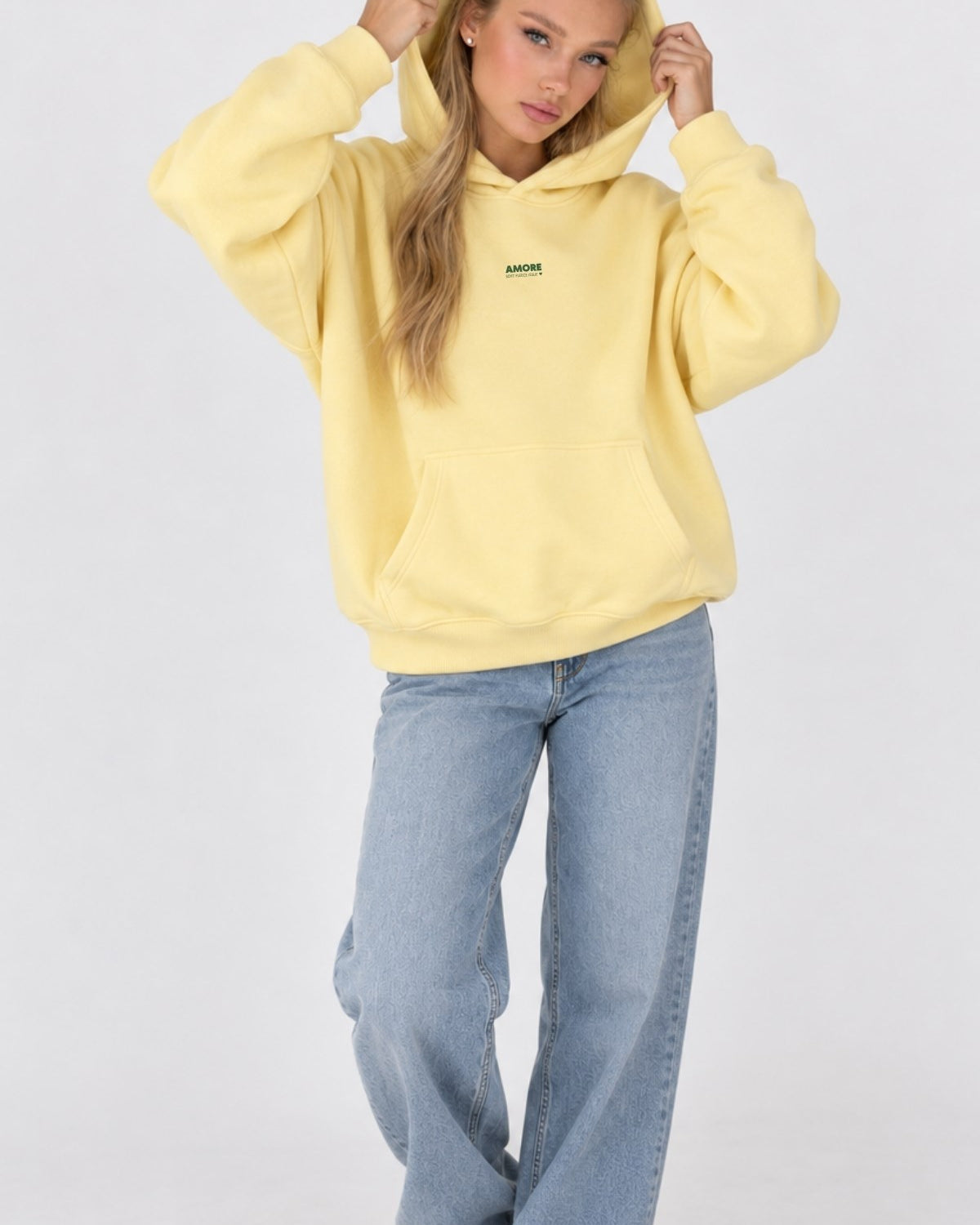 Kadın Oversize Hoodie Amore Baskılı Sarı – Kapüşonlu, Kanguru Cepli, 3 İplik Şardonlu Polar