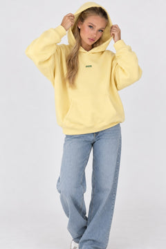Kadın Oversize Hoodie Amore Baskılı Sarı – Kapüşonlu, Kanguru Cepli, 3 İplik Şardonlu Polar