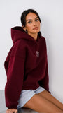 Bordo Unisex Yüksek Baskılı Kapüşonlu Kanguru Cepli Oversize Hoodie