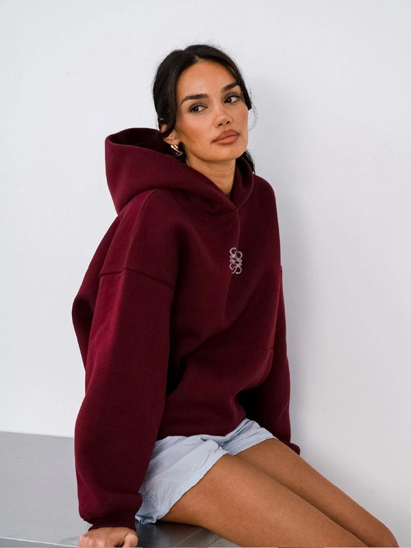 Bordo Unisex Yüksek Baskılı Kapüşonlu Kanguru Cepli Oversize Hoodie