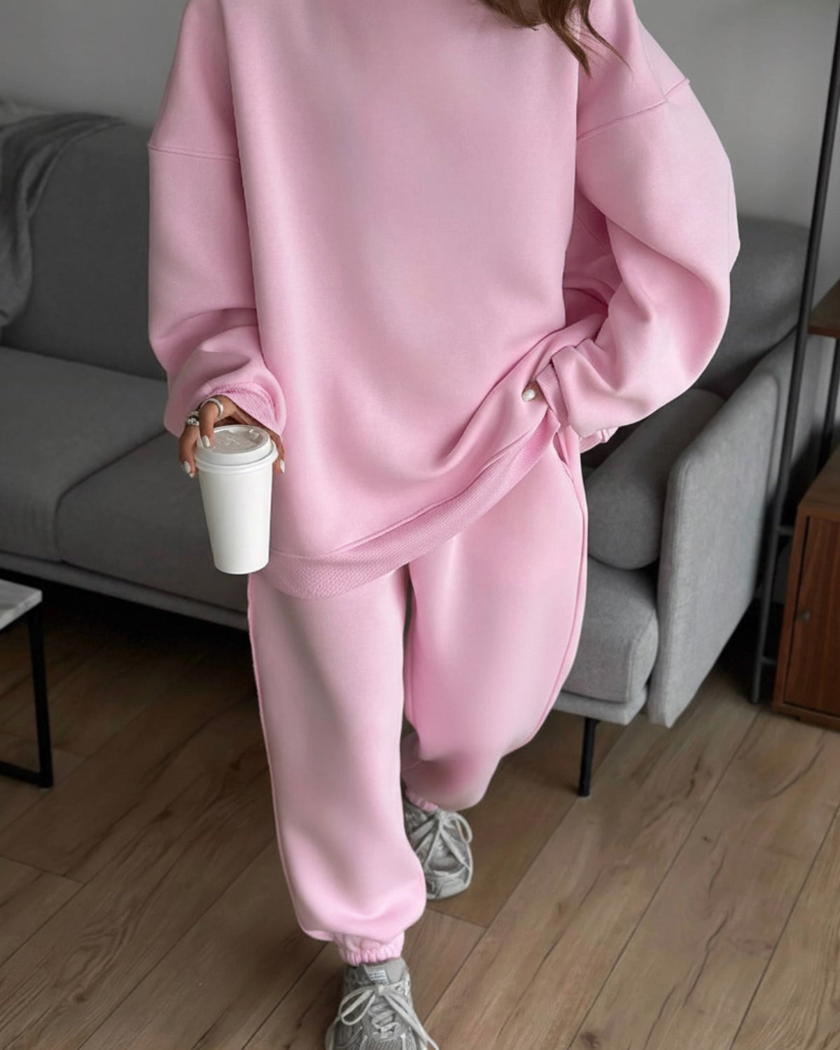 Kadın Oversize Sweat Elbise Eşofman Takımı Basic Pembe – Bisiklet Yaka, Lastikli Paça, 3 İplik Polar