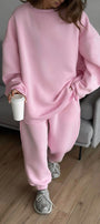 Kadın Oversize Sweat Elbise Eşofman Takımı Basic Pembe – Bisiklet Yaka, Lastikli Paça, 3 İplik Polar