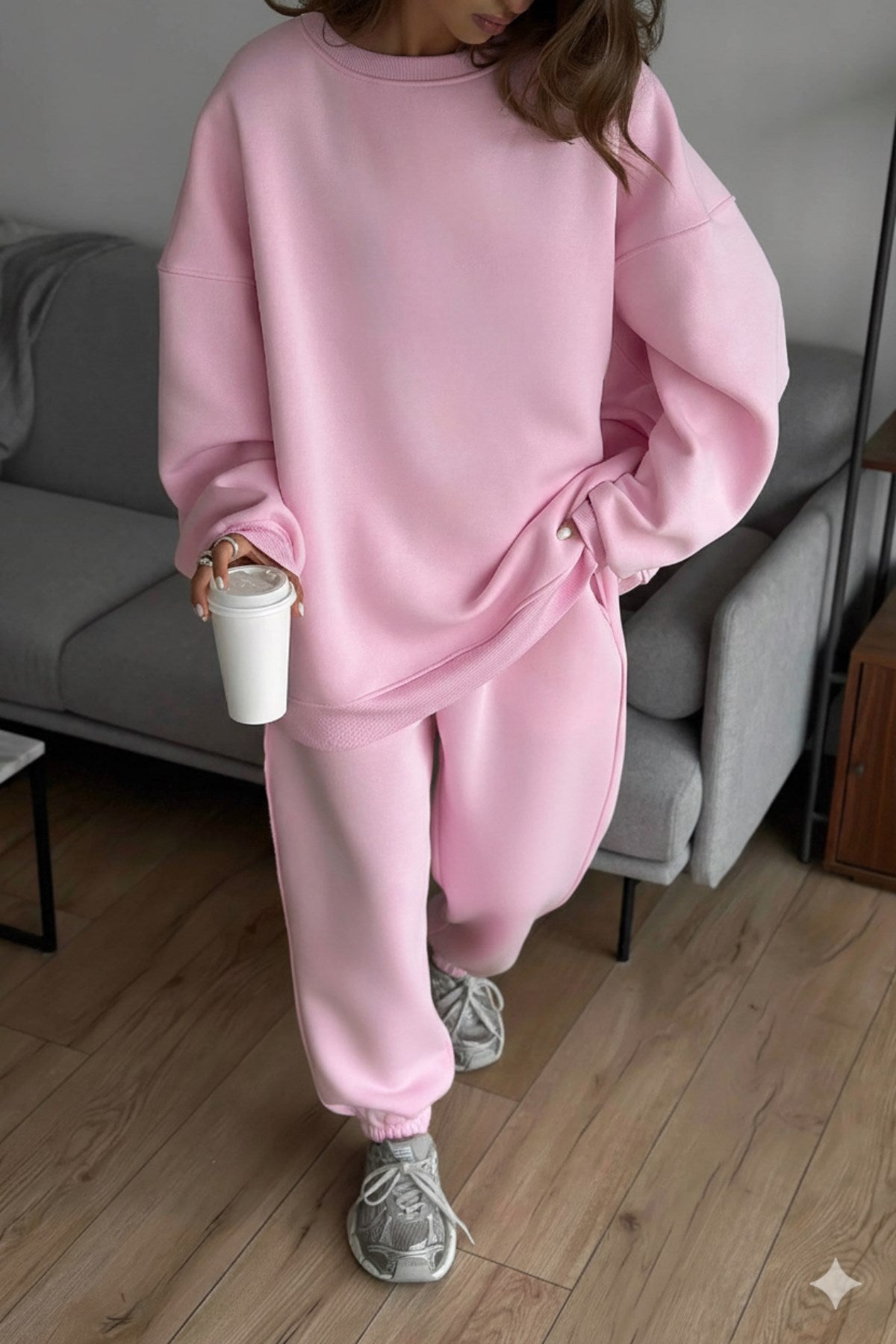 Kadın Oversize Sweat Elbise Eşofman Takımı Basic Pembe – Bisiklet Yaka, Lastikli Paça, 3 İplik Polar