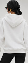 Kadın Oversize Hoodie Noir Cat Baskılı Beyaz – Kapüşonlu, Kanguru Cepli, 3 İplik Şardonlu Polar