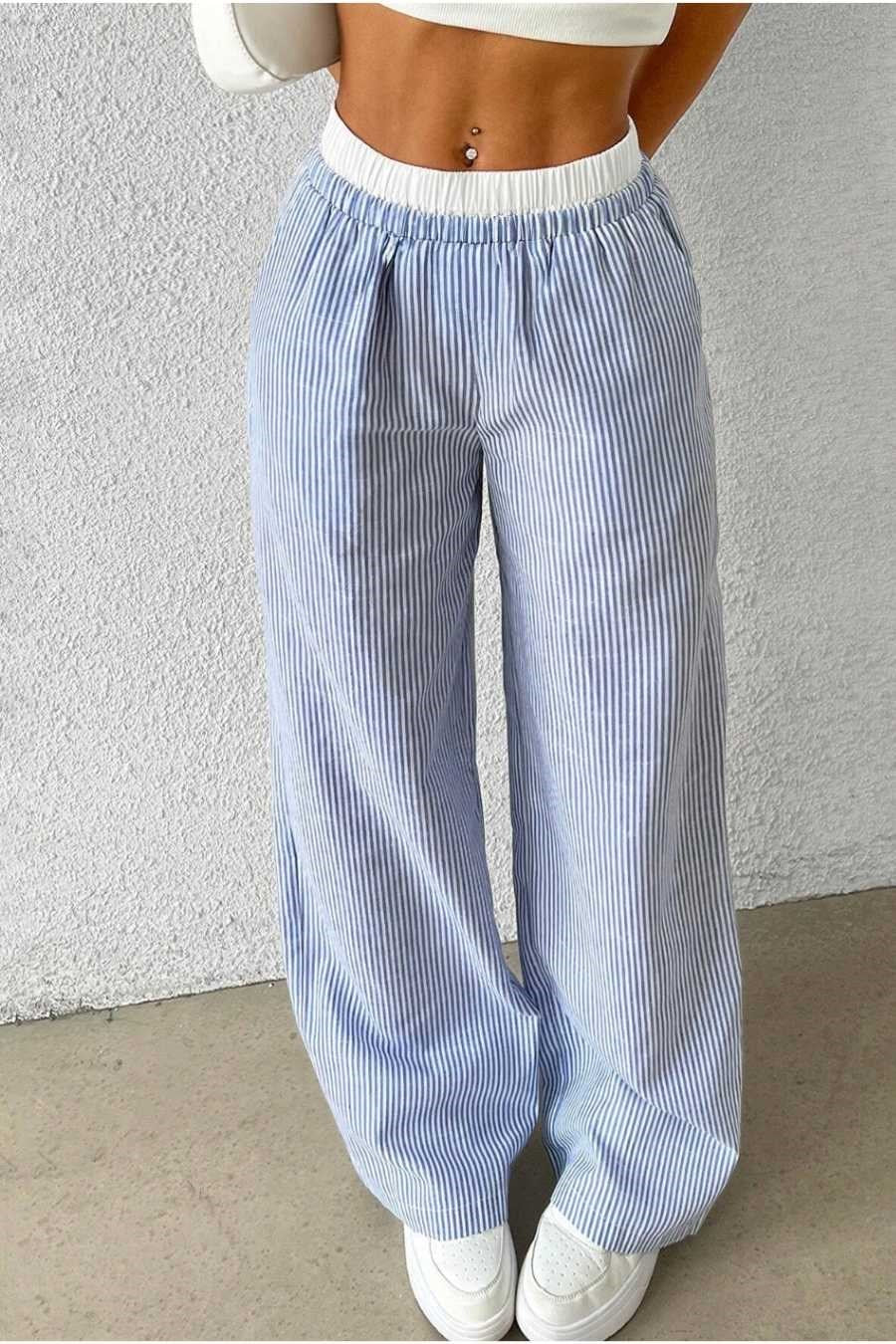 Kadın Mavi Çizgili Poplin Dokuma Pantolon – Yüksek Bel Lastikli Bol Paça Rahat Model