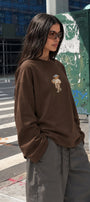 Kadın Relaxed Fit Sweatshirt Coffee Bear Baskılı Kahverengi – Bisiklet Yaka, 3 İplik Şardonsuz